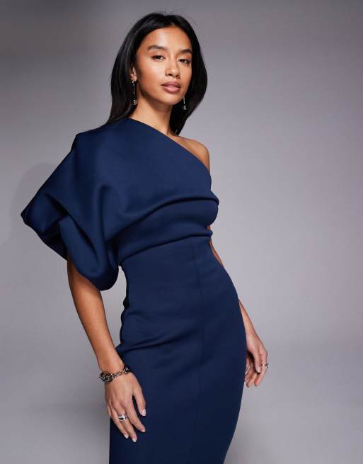 ASOS DESIGN Petite - Vestito lungo monospalla arricciato in tessuto scuba blu navy, 2 di 4