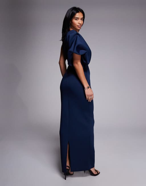 ASOS DESIGN Petite - Vestito lungo monospalla arricciato in tessuto scuba blu navy, 3 di 4