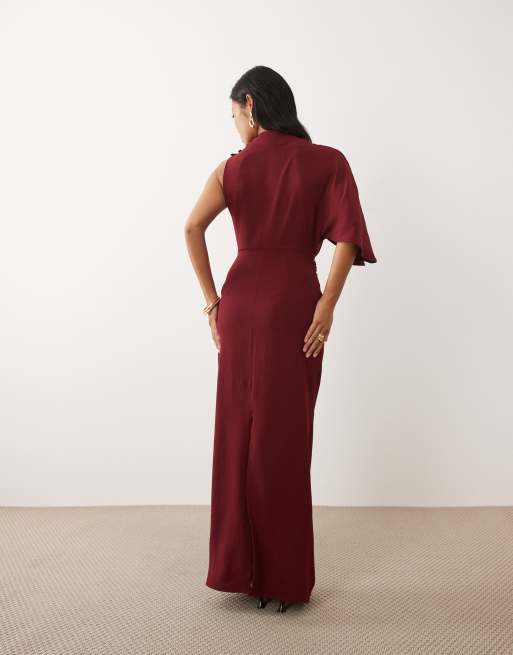 ASOS DESIGN Petite - Vestito lungo monospalla bordeaux con pieghe in vita, 4 di 4