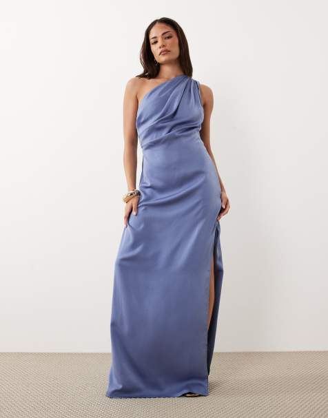 ASOS DESIGN Petite - Vestito lungo monospalla in raso blu lavanda con pieghe - view 1