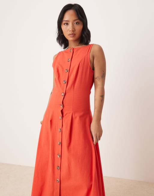 ASOS DESIGN Petite - Vestito lungo stile gilet rosso acceso con bottoni e scollo a barchetta, 3 di 4
