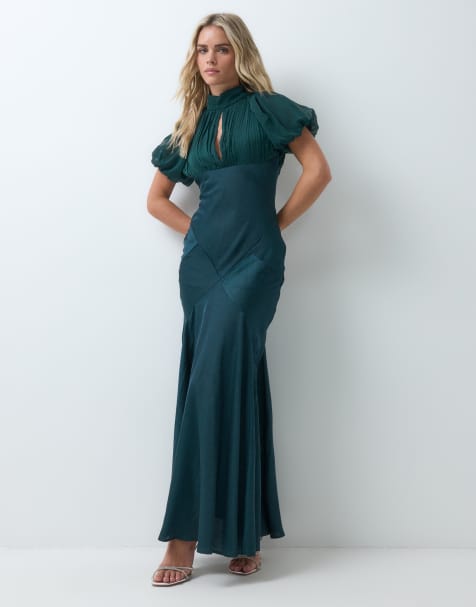 ASOS DESIGN Petite vestito maxi in misto raso e chiffon con manica a palloncino, verde petrolio - view 1
