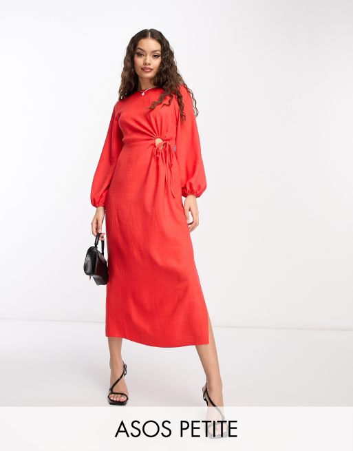 ASOS DESIGN Petite - Vestito midi a maniche lunghe corallo con cut-out in vita