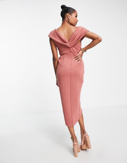 ASOS DESIGN Petite Vestito midi a spalle scoperte rosa con incrocio sul davanti ASOS