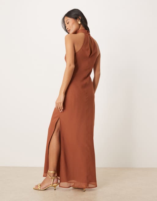 ASOS DESIGN Petite - Vestito midi accollato in chiffon color ruggine, 4 di 4