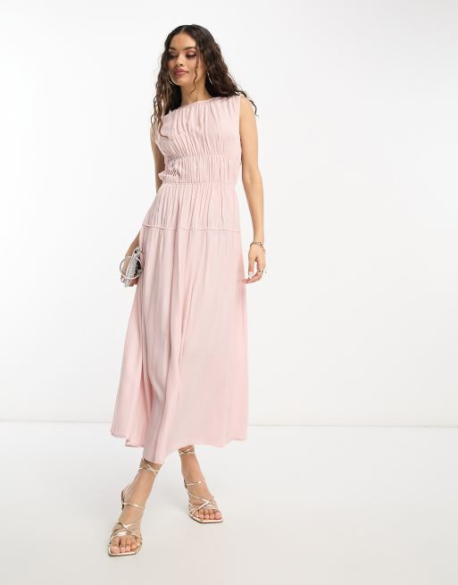 ASOS DESIGN Petite - Vestito midi accollato rosa chiaro con coulisse, 4 di 4