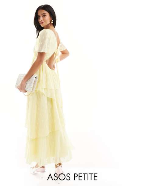 ASOS DESIGN Petite - Vestito midi asimmetrico con volant allacciato sul retro in plumetis giallo - view 1