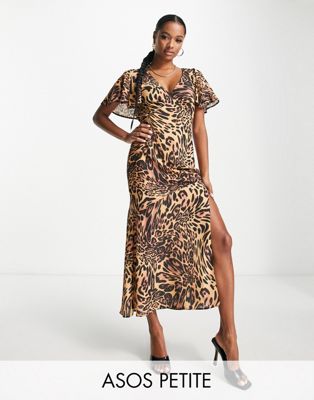 ASOS DESIGN Petite fluted sleeve midi dress with cut out back in animal print  - ASOS Price Checker