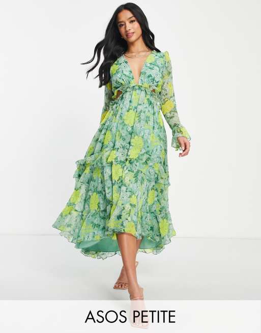 ASOS DESIGN Petite - Vestito midi con scollo profondo a fiori con volant e laccetti sul retro 