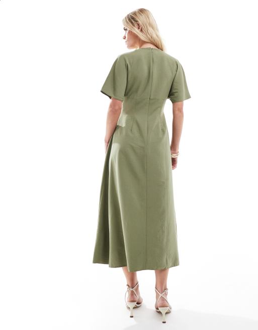 ASOS DESIGN Petite - Vestito midi con scollo profondo e maniche a pipistrello kaki, 4 di 4