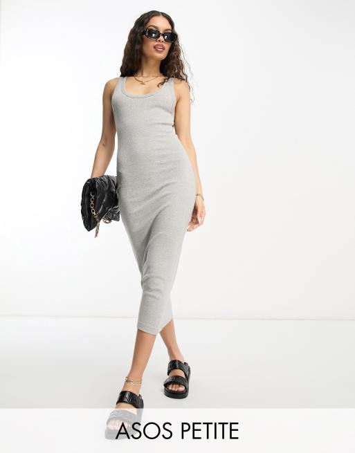 ASOS DESIGN Petite - Vestito midi con spalline sottili grigio mélange a coste con scollo rotondo 