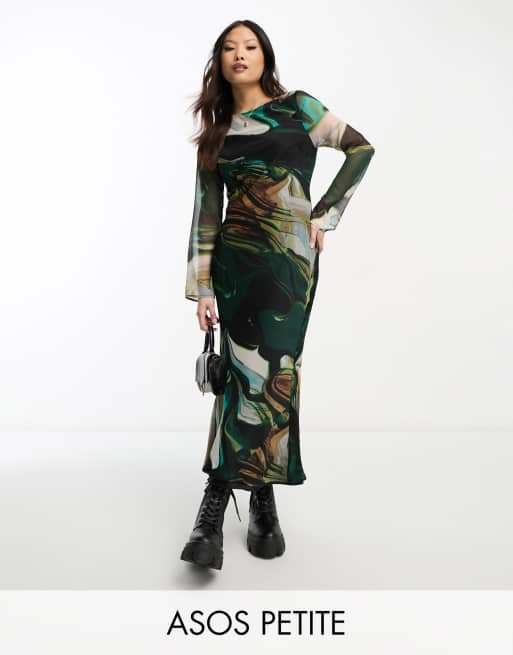 ASOS DESIGN Petite - Vestito midi in chiffon a maniche lunghe con stampa effetto marmo