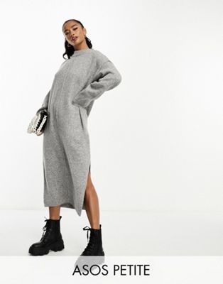 ASOS DESIGN Petite oversized relaxed knitted midi dress with crew neck and seam detail in grey - ASOS Price Checker