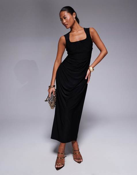 ASOS DESIGN Petite - Vestito midi nero con scollo sagomato, spalline larghe e gonna drappeggiata - view 1