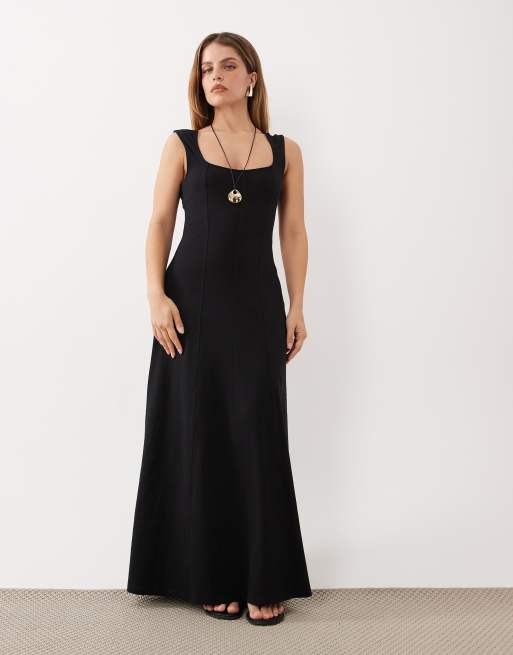 ASOS DESIGN Petite - Vestito midi nero con scollo squadrato e cuciture a vista, 2 di 4