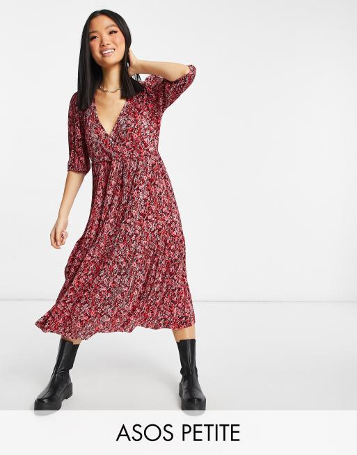 ASOS DESIGN Petite - Vestito midi plissé a maniche lunghe con fondo a balze e scollo a V rosa acceso a fiori