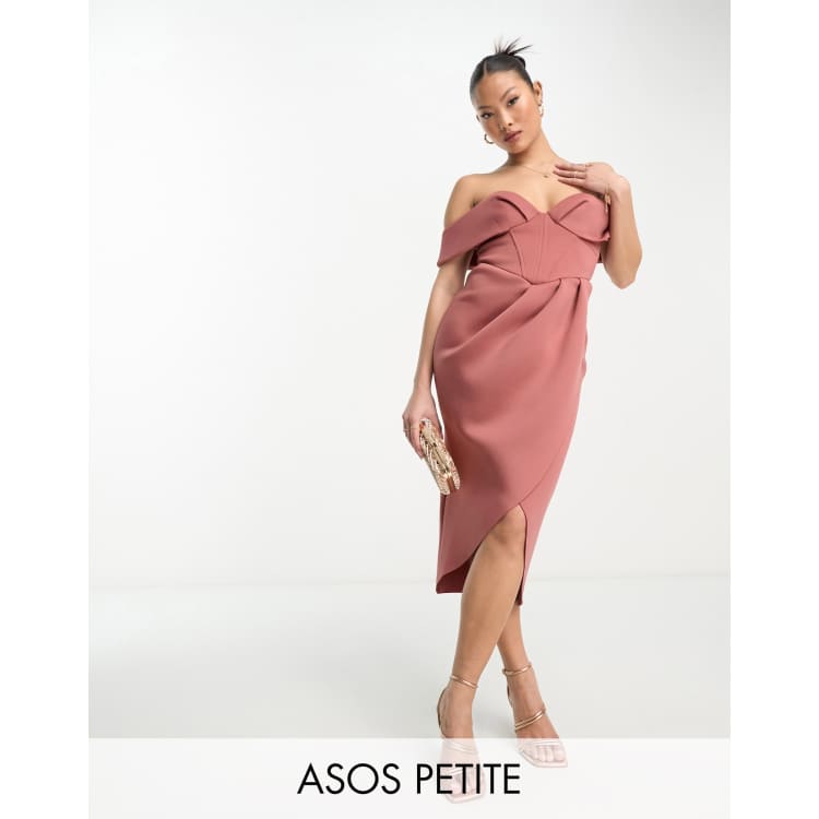 ASOS DESIGN Petite Vestito midi rosa stile corsetto a spalle scoperte con gonna a portafoglio ASOS