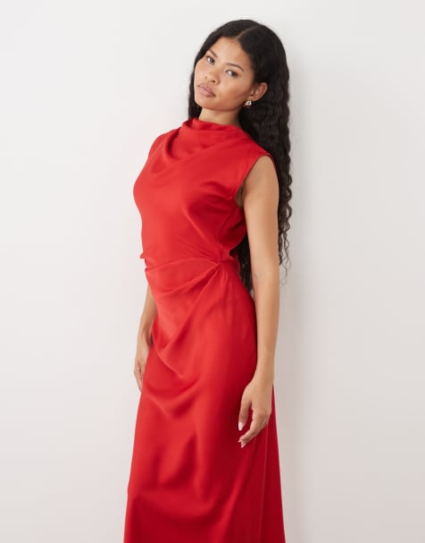 ASOS DESIGN Petite vestito midi rosso con corpino plissettato e collo alto - view 1