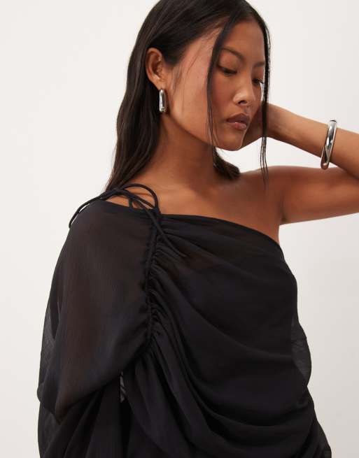 ASOS DESIGN Petite vestito mini asimmetrico monospalla in chiffon nero, 4 di 4