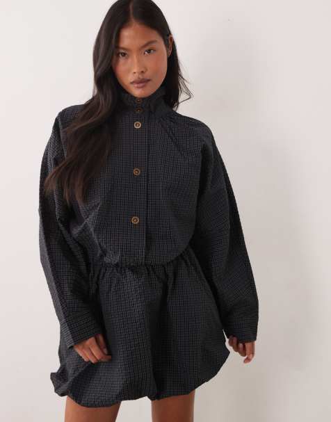 ASOS DESIGN Petite vestito mini con bottoni e gonna a palloncino a quadri blu navy - view 1