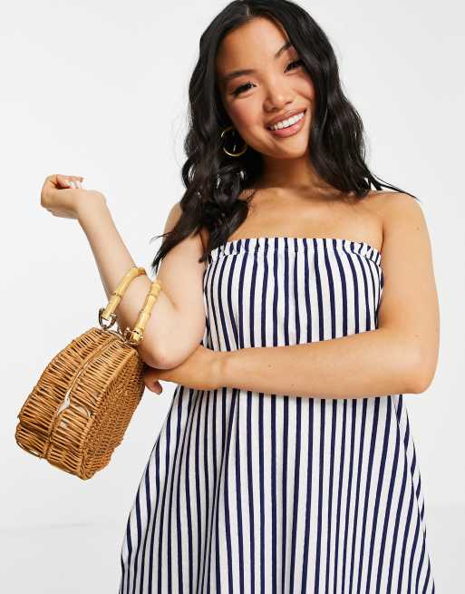 ASOS DESIGN Petite - Vestito prendisole lungo a fascia blu navy e bianco a righe con tasche, 3 di 4