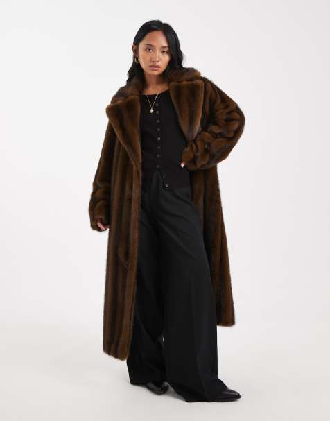 ASOS DESIGN Petite vintage longline faux fur coat in brown - view 1