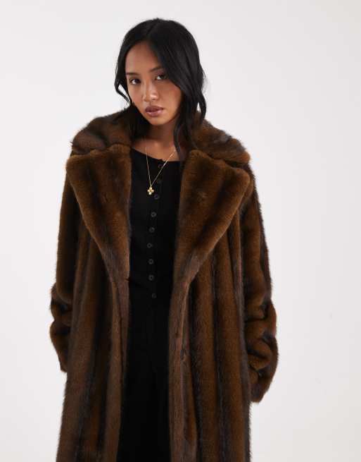 ASOS DESIGN Petite vintage longline faux fur coat in brown ASOS