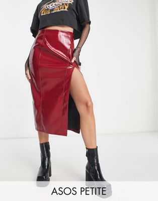 ASOS DESIGN Petite vinyl midi skirt with split detail in red
