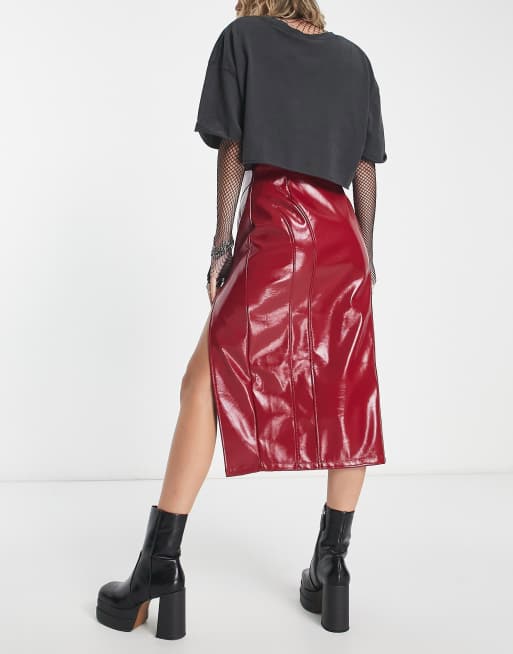 ASOS DESIGN Petite vinyl midi skirt with split detail in red ASOS