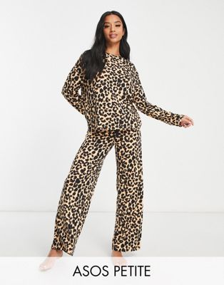 ASOS DESIGN Petite viscose leopard long sleeve top & wide leg trouser pyjama set in brown