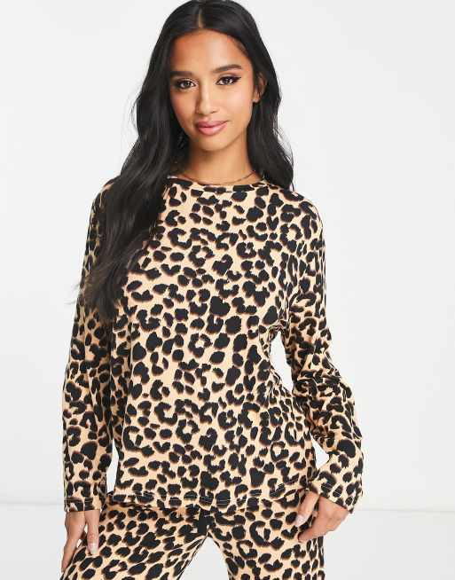 ASOS DESIGN Petite viscose leopard long sleeve top wide leg trouser pyjama set in brown