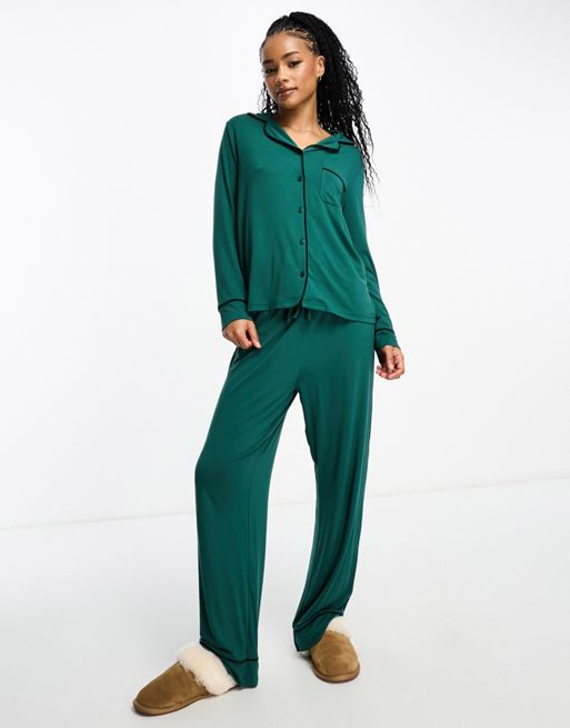 Contrast Piping Short Sleeve Top and Pants Pajama Set - Black / S