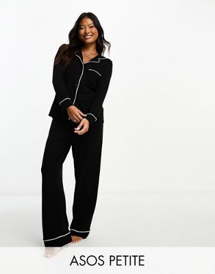 ASOS DESIGN Petite viscose long sleeve shirt & trouser pyjama set with contrast piping in black