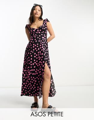 ASOS DESIGN Petite viscose sweetheart neckline split front midi dress in spot