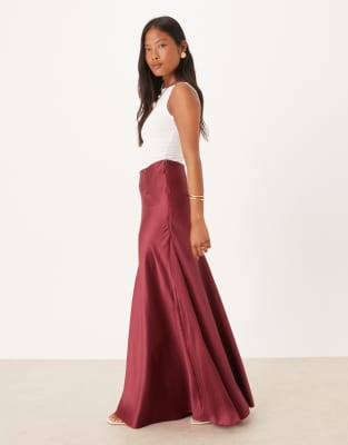volume drape satin maxi skirt in chocolate cherry