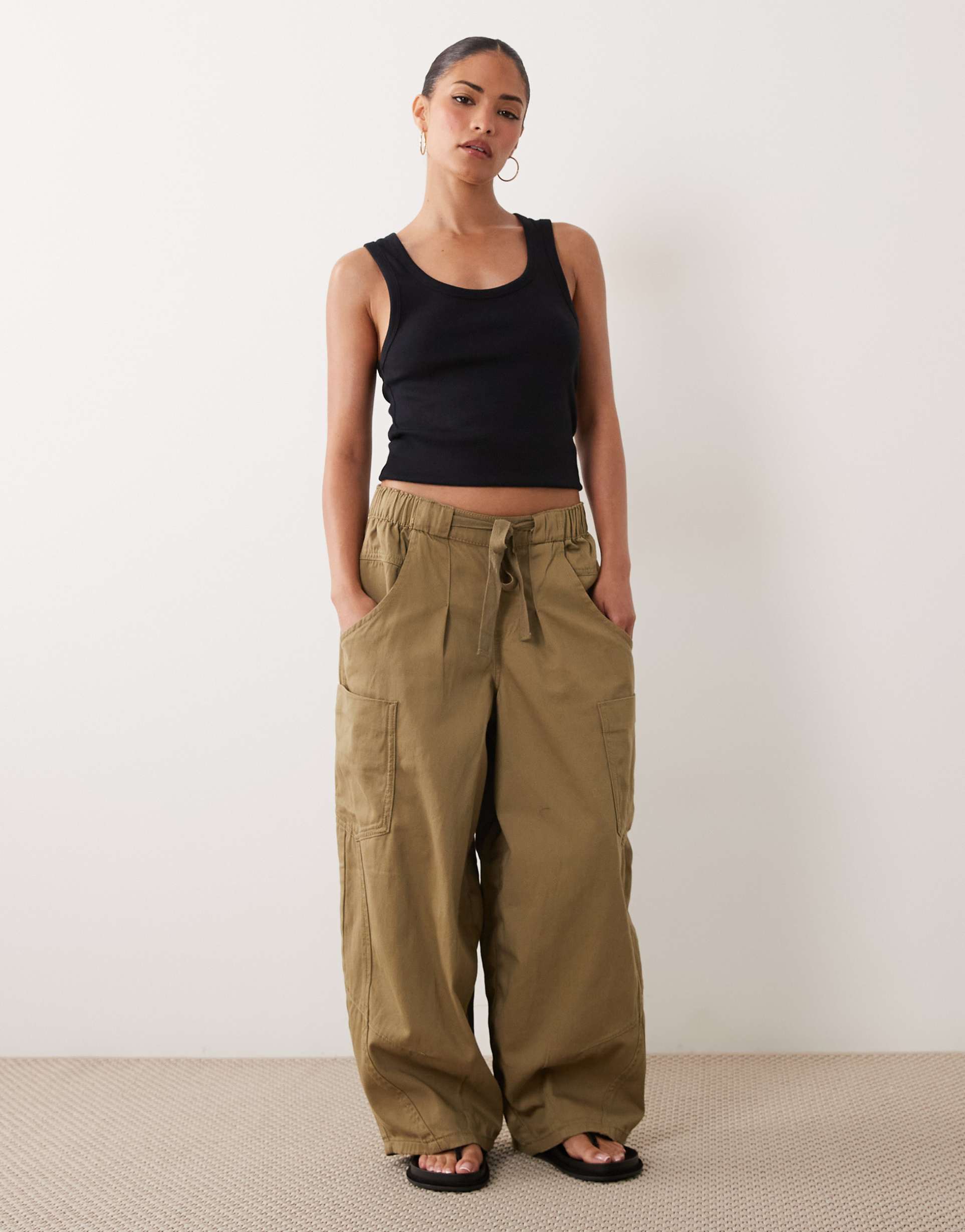 asos design petite volume laundered utility pants in khaki