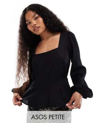 ASOS DESIGN Petite volume puff sleeve smock top in black