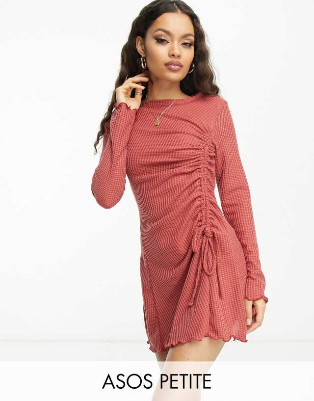 ASOS DESIGN Petite waffle mini dress with ruched side detail in rose