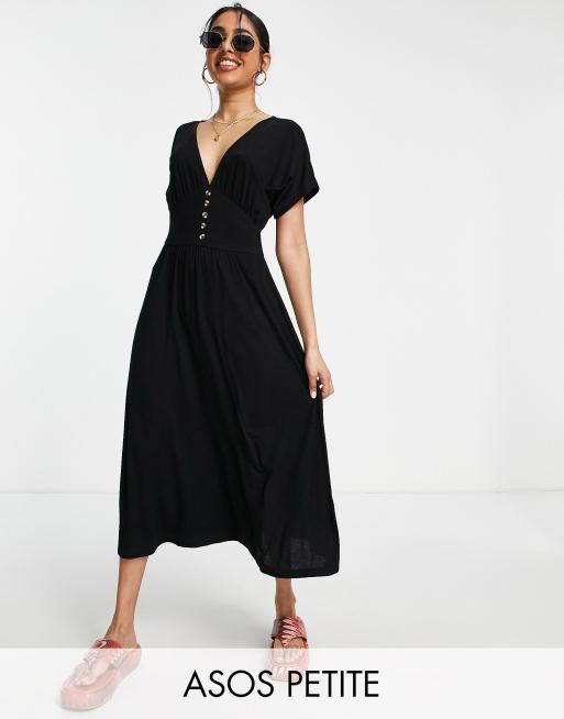 ASOS DESIGN Petite waisted midi tea dress with buttons in black | ASOS