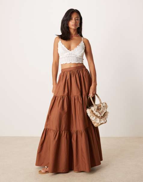 ASOS DESIGN Petite tiered boho maxi skirt in brown