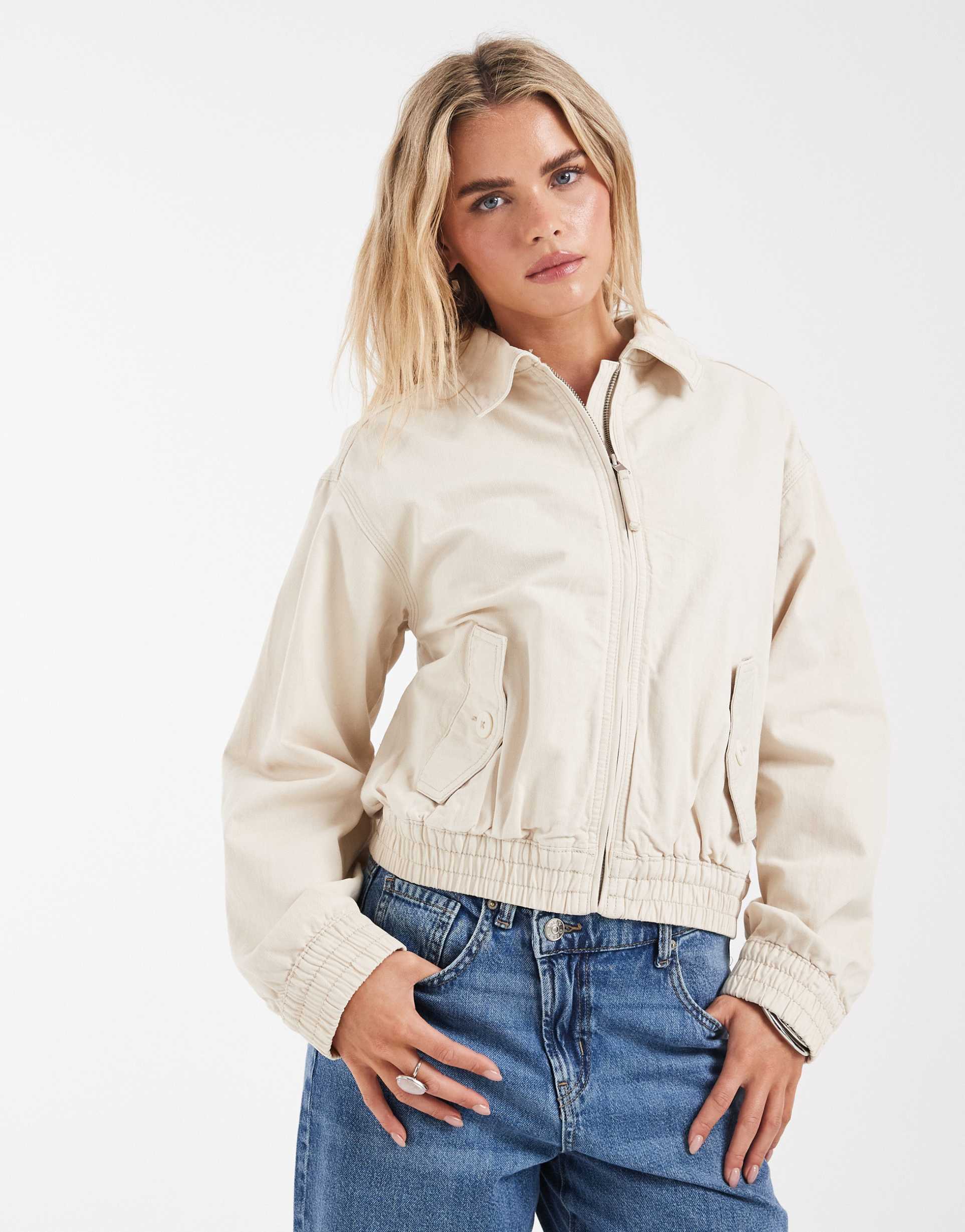 asos design petite washed cotton bomber jacket in cream