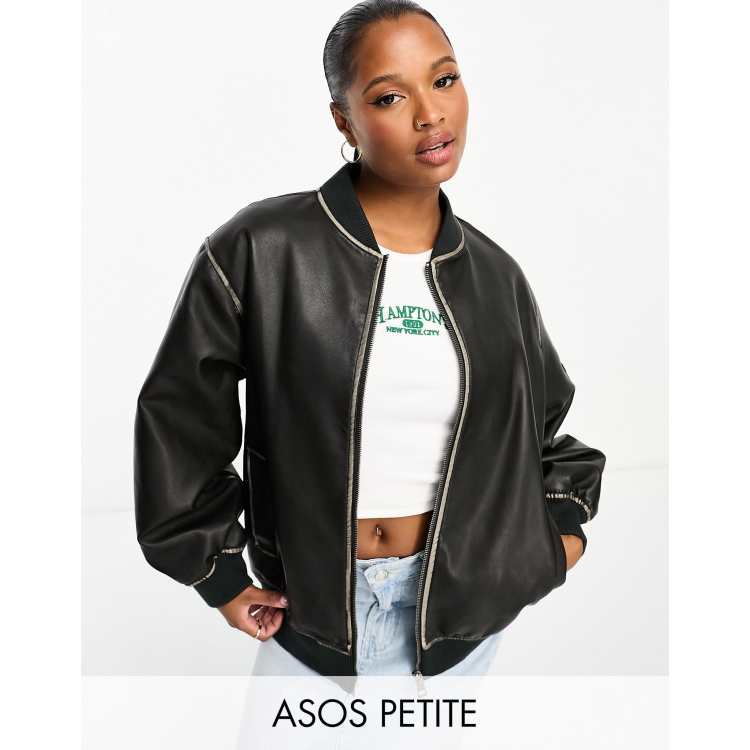 Topshop faux leather varsity contrast sleeve bomber jacket in black