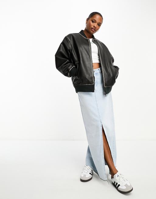 ASOS DESIGN oversized varsity bomber jacket in navy with mushroom faux  leather sleeves