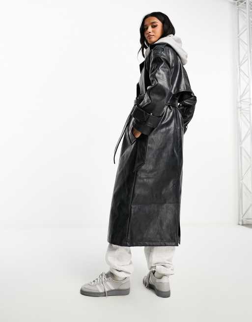 ASOS DESIGN Petite washed faux leather trench coat in charcoal , 2 of 4