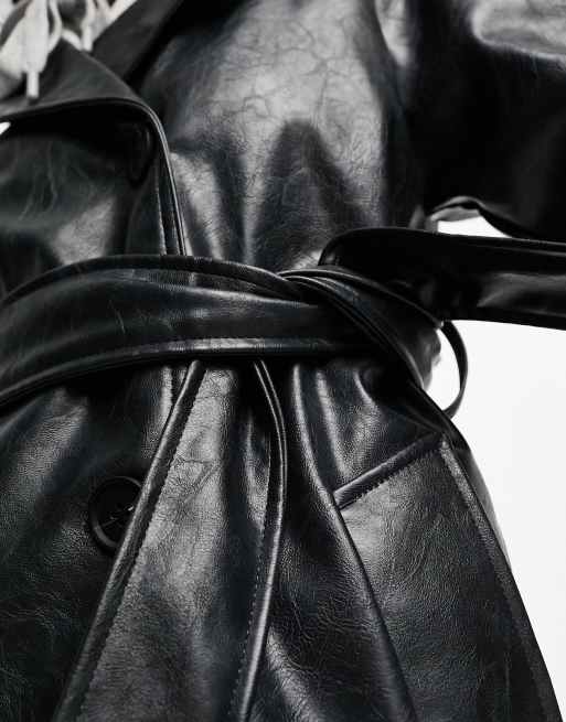 ASOS DESIGN Petite washed faux leather trench coat in charcoal , 3 of 4