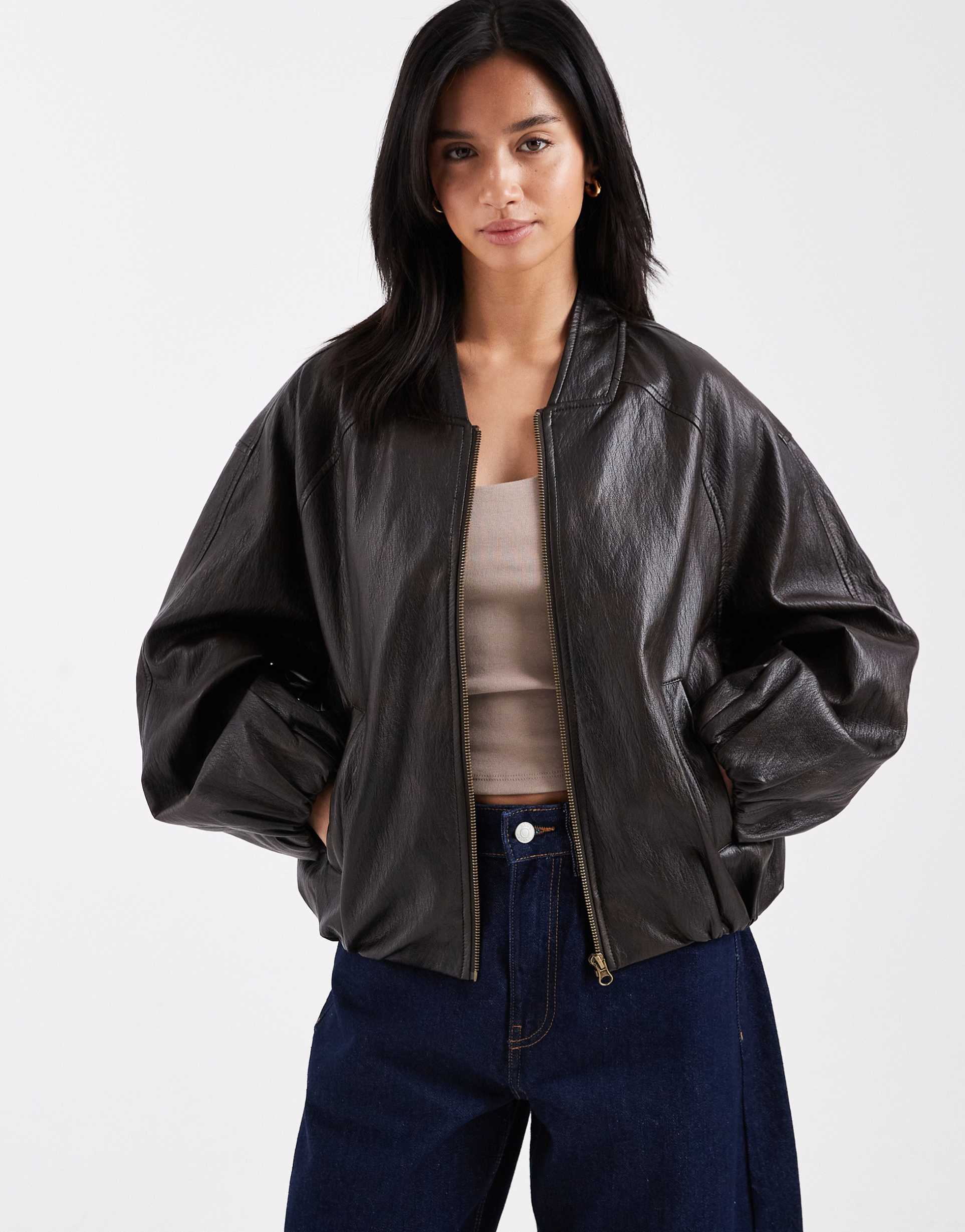 asos design petite washed leather look oversized bomber jacket in brown