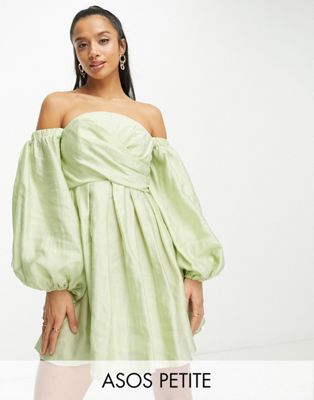 ASOS DESIGN Petite washed off shoulder balloon slv mini dress with wrap corset detail in sage green