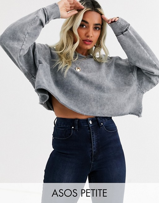 ASOS DESIGN Petite washed stitched cropped sweatshirt in charcoal