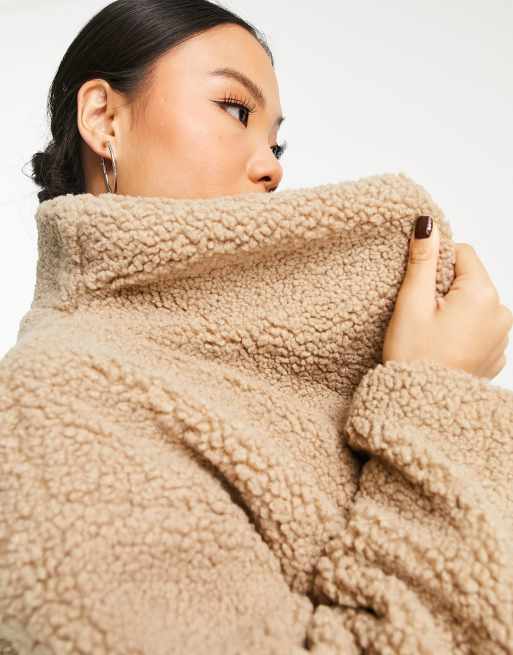 ASOS DESIGN Petite waterfall fleece jacket in camel