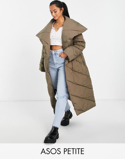 ASOS DESIGN Tall ruched sleeve maxi puffer coat in brown